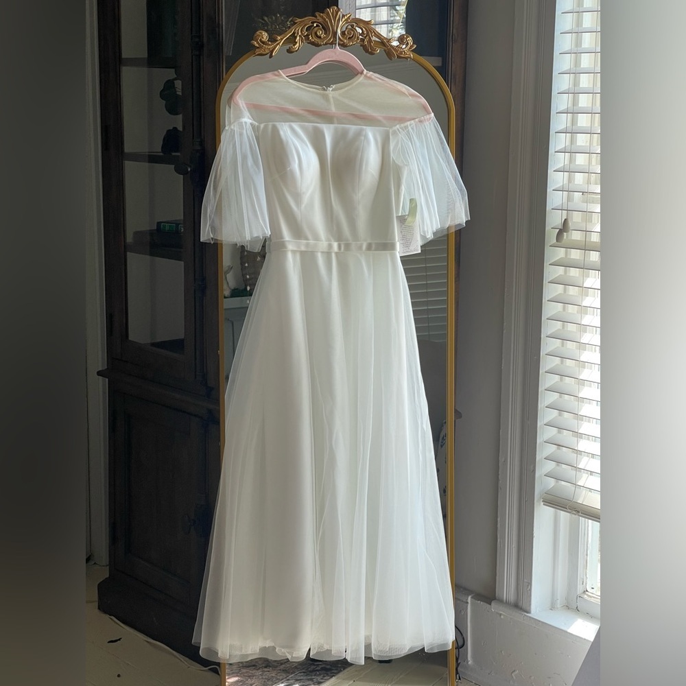 Theia Coture Sheer Cap Flutter Sleeve White Tulle Midi Bridal Retro Dress